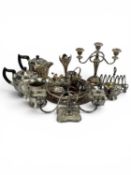 ASSORTED SILVER PLATE to include EPNS tea set, tankard, candelabra, two circular salvers, and