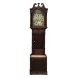 VICTORIAN MAHOGANY LONGCASE CLOCK, the hood with scrolled swan neck pediment, decorative painted