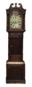 VICTORIAN MAHOGANY LONGCASE CLOCK, the hood with scrolled swan neck pediment, decorative painted