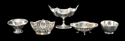 FIVE VARIOUS SILVER BOWLS, including French silver bon bon dish, American silver shaped oval bon bon