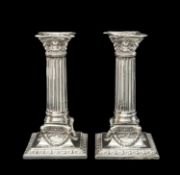 PAIR OF EDWARD VII SILVER CORINTHIAN COLUMN CANDLESTICKS, Martin Hall & Co., Sheffield 1904, with