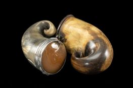 TWO ANTIQUE SCOTTISH HORN SNUFF MULLS one with white metal mounted polished agate cover and oval