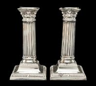 PAIR OF VICTORIAN SILVER CORINTHIAN COLUMN CANDLESTICKS, Martin Hall & Co., Sheffield 1901, loaded