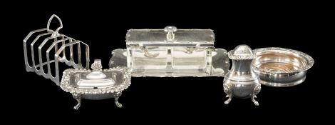 SMALL GROUP OF ELECTROPLATE, including German Wellner glass double preserve box, cover and stand,