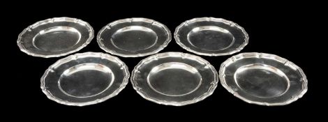FINE SET OF SIX AUSTRO-HUNGARIAN SILVER DISHES with reeded shaped outlines and dished centres, 950