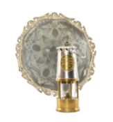 ELECTROPLATED TEA TRAY & MINER'S LAMP, tea tray with pierced rim and engraved centre, 42cms (diam.);