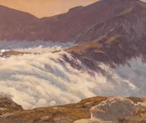 ‡ DAVID WOODFORD (British, lives, works Wales b. 1938) oil on board - entitled verso 'Fog at Craig