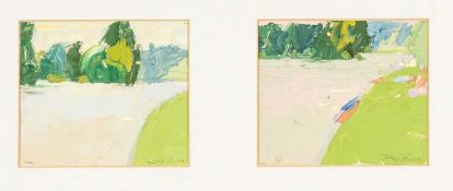 ‡ RAY H FIELDS (British, worked Wales b. 1930) oil diptych - entitled verso 'River Bank,