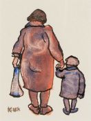 ‡ KAREL LEK (Belgian, worked, lived Wales 1929-2020) acrylic - entitled verso 'Shopping with Nan,