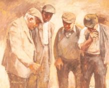 ‡ ANEURIN JONES (Welsh 1930-2017) print - four farmers in conversation, signed in pencil, 18.5 x
