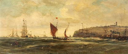 RICHARD SHORT (British 1841-1919) oil on canvas - 'Cardiff Roads', tall ships & skiffs off Penarth