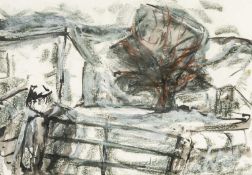‡ WILL ROBERTS (Welsh 1907-2000) gouache and charcoal - figure at gate in landscape with tree,