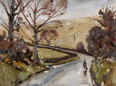 ‡ EDWIN FORREST (Welsh 1918-2002) oil on board - entitled verso 'Lone Traveller, Denbigh Moor No.2',