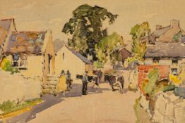 ‡ WILL EVANS (Welsh 1888-1957) watercolour - Gower street scene with farmer and cattle, possibly
