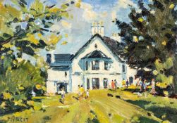 ‡ EDWIN FORREST (Welsh 1918-2002) oil on board - entitled verso 'Bryn Eisteddfod', signed, 18 x