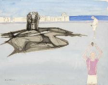 ‡ ERIC MALTHOUSE (British lived, worked Wales 1914-1997) watercolour - nets with photographers,