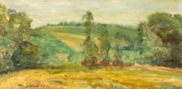 ‡ IVOR DAVIES MBE (Welsh b. 1935) oil on board - landscape at Michaelston le Pit, Vale of Glamorgan,