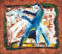 ‡ IWAN BALA (Welsh b. 1956) paper & oil collage on board - 'Efnisien', figure on horseback,