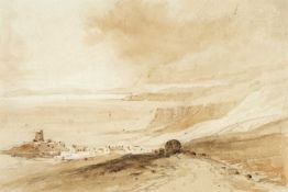 DAVID COX (British 1783-1859) sepia watercolour - mount entitled 'Aberystwyth', inscribed verso,