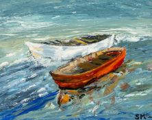 ‡ SION MCINTYRE (Welsh b. 1975) acrylic on board - entitled verso 'Two Boats, Porth Penrhyn' on