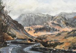 ‡ ALED PRICHARD-JONES (Welsh 1945-2025) pastel - the A5 road winding through the Ogwen Valley,