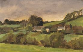 ‡ GEORGE CHAPMAN (British, lived, worked Wales 1908-1993) small oil on board - farm and landscape,