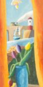 ‡ EMRYS WILLIAMS (Welsh b. 1958) acrylic on panel - entitled verso 'Tall Blue Vase' on Martin Tinney