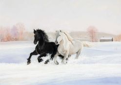‡ DIANE MATHIAS (Welsh b. 1963) oil - entitled verso 'Ceffylau yn yr Eira' (horses in the snow),