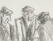 ‡ MIKE JONES (Welsh 1941-2022) graphite on paper - three standing farmers in conversation, 20 x