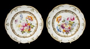 PAIR SWANSEA PORCELAIN DESSERT PLATES probably by William Pollard, with lobed rims and borders