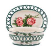 LLANELLY POTTERY CHESTNUT BASKET & STAND potted by Frederick Henshall with tea roses, oval with