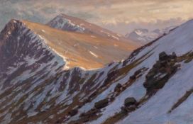 ‡ DAVID WOODFORD (British, lives, works Wales b. 1938) oil on board - entitled verso 'Foel Goch &