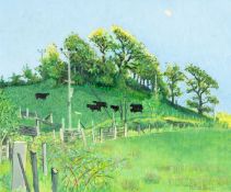 ‡ MALCOLM BROOKES (British b. 1943) oil on board - entitled verso 'Welsh Blacks', signed, 24.5 x