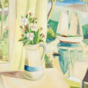 ‡ EMRYS WILLIAMS (Welsh b. 1958) oil on canvas - jug with flowers and sailboat on water in