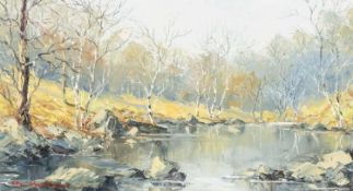 ‡ CHARLES WYATT WARREN (Welsh 1908-1993) oil on board - lake and silver birch trees, signed, 18.5