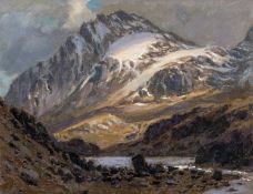 ‡ DAVID WOODFORD (British, lives, works Wales b. 1938) oil on board - entitled verso 'Tryfan', circa