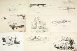 ‡ JOHN ELWYN (Welsh 1916-1997) nine ink drawings - Cardiganshire landscapes, ploughed fields,