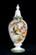 LARGE VICTORIAN OPAQUE GLASS LIDDED BALUSTER VASE, hand-painted decoration of birds and flowers,