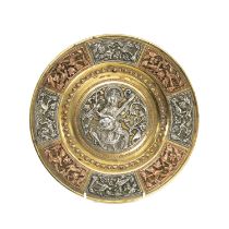 INDIAN BRASS, COPPER & SILVER RELIEF WORK PLAQUE, central figure surrounded by panels decorated with