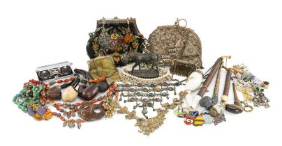 COLLECTION OF ASSORTED COSTUME JEWELLERY, decorative pipes including Briar pipes, tapestry, and