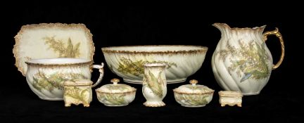 LIMOGES PORCELAIN TOILET JUG & BOWL SET, nine pieces, lily of the valley decoration Provenance: