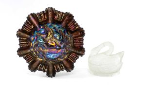 DUGAN FARMYARD PRESS-MOULDED IRIDESCENT GLASS BOWL, 27cms (diam.); press-moulded clear glass swan-