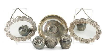 PAIR OF MODERN 900 STANDARD SILVER-BACKED MIRRORS, together with a Turkish coin dish, two white