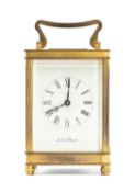 ENGLISH GILT BRASS-CASED FOUR-GLASS CARRIAGE CLOCK, white enamel dial with Roman numerals, signed '