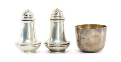 PAIR OF SILVER PEPPERETTES of baluster form, and a silver drinking bowl with gilded interior,