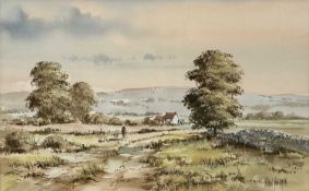 ‡ ALLAN MORGAN (British, b. 1952) watercolour - rural landscape with cottage and man with dog,