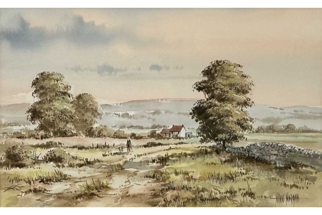 ‡ ALLAN MORGAN (British, b. 1952) watercolour - rural landscape with cottage and man with dog, - Image 1 of 4