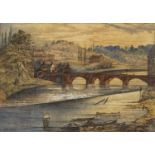 19TH CENTURY BRITISH SCHOOL watercolour - Old Dee Bridge, Chester, from the Weir, boats in