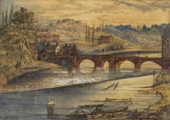 19TH CENTURY BRITISH SCHOOL watercolour - Old Dee Bridge, Chester, from the Weir, boats in