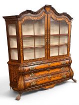 DUTCH WALNUT & FLORAL MARQUETRY BOMBE CABINET, 19th century, the top with glazed doors opening to